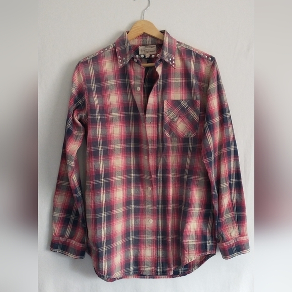 Anthropologie Current/Elliott Plaid Studded Collared Flannel Shirt Size Medium - Picture 2 of 11